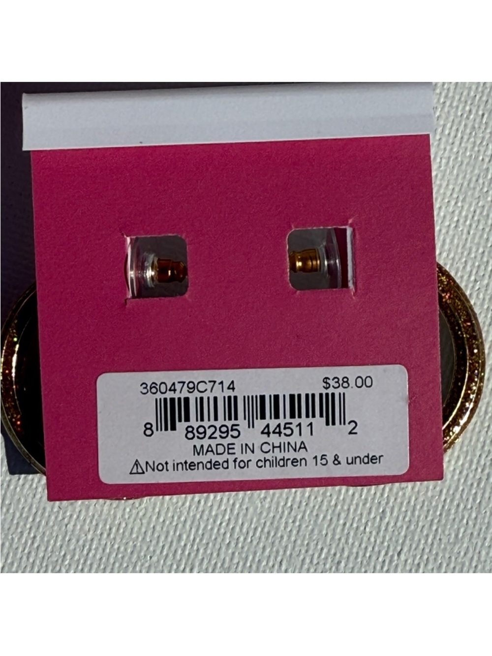 Betsey Johnson Gold Glitter Hoop Earrings with Pink Accent - Picture 4 of 4